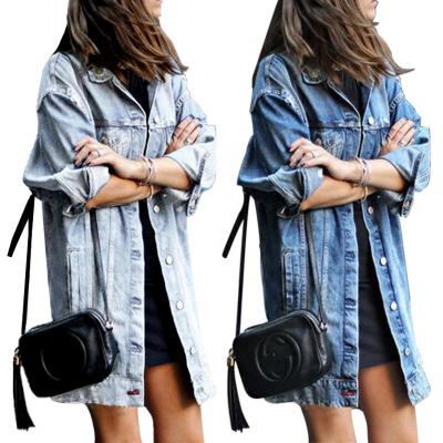 China Blue Women's Distressed Anorak Jean Jacket Long Sleeve Classic Mid Length Anti-Wrinkle Ripped Denim Trucker Jackets Dress Coat for sale