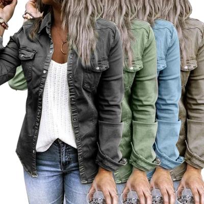 China QUICK DRY In-stock Quick Ship Women's Plus Size Button Down Distressed Washed Denim Jacket With Chest Flap Pocket Long Sleeve for sale