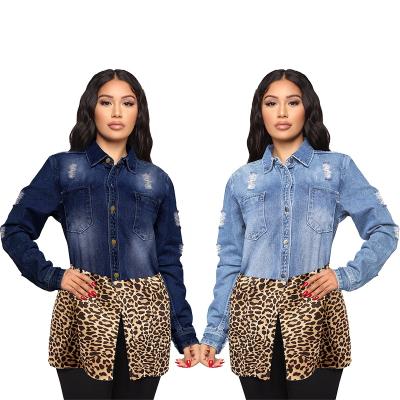 China Anti-wrinkle In-stock Plus-size women's chic creative leopard print long sleeve slim fit denim peplum jacket Jean Coat for sale