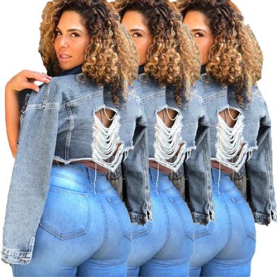 China Anti-wrinkle back cavity holes waist ripped jeans tops cropped drop shoulder raw edge long sleeve denim shorts top fringed jacket for sale