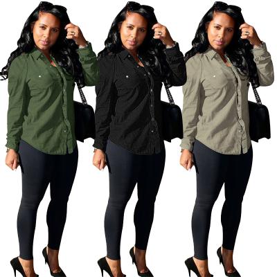 China Solid Color Army Green Mid Length Straight Gray Black Jeans Shirt Long Anti-pilling Sheath Blouse Slim Fit Office Denim Daily Wear for sale