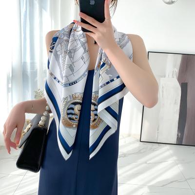 China Hot Sunshade Decoration All-matching Western Style Fashionable Elegant Twill Silk Scarf Personalized Sailing Printed Blue Scarf For Women for sale