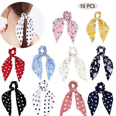 China Chiffon Fabric DIY 2 in 1 Solid Long Bow Satin Ribbon Elastic Hair Bands/Vintage Floral Print Ponytail Hair Scarf Tie Scrunchies Women Girls for sale