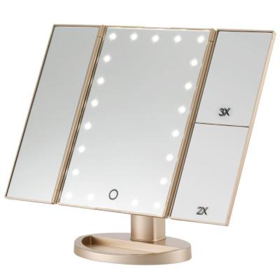 China Adjustable 21 LED Lights 1X 2X 3X Triple Mirror Magnification With 1 Touch Screen , LED Makeup Mirror for sale