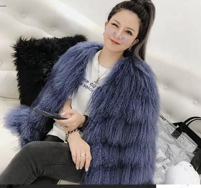 China YR1081 Women's Breathable Haute Couture Mongolia Real Fur Stripes Sew On Fabric Winter Jacket for sale