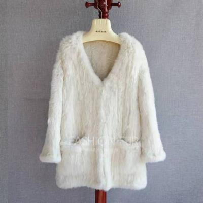 China YR1158 New Arrival Breathable V-Neckline Thick Knit Good Quality Real Rabbit Fur Hand Knit Women Coat Pocket for sale