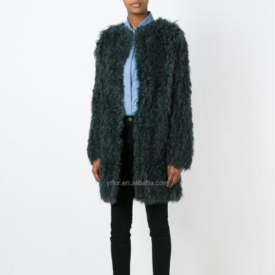 China YR146A Hot Sale Anti-Shrink Long Line Hand Knit Real Curly Overcoat Sheepskin Lamb Fur Hand Knit Fur Coat for sale