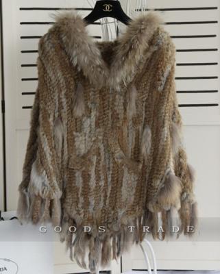 China YR445 real fur women rabbit fur poncho with raccoon fur trim/hooded fur stole with tassels for sale