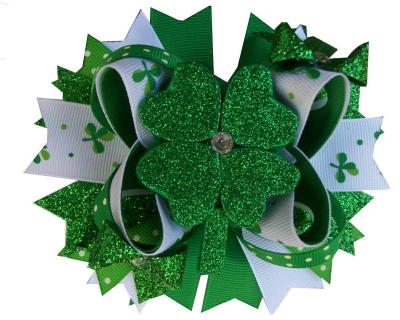 China Bright No151-NO171 4 Colors Leaf Clover Bow St Patricks Day Green Glitter Hair Bow St Paddys Hairbows for sale