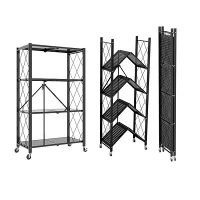 China Custom Multifunctional Household Kitchen Fruit Rack Storage Shelves Viable Foldable Metal Stacking Racks With Wheels for sale