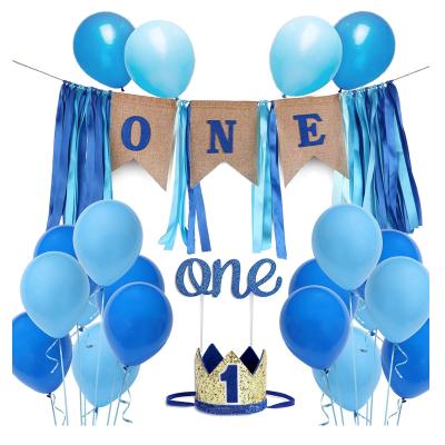 China amazing 1st birthday party set boy kit balloon backdrop 1st birthday party balloon theme decoration tassel one birthday banner hat crown blue glitter cake for sale