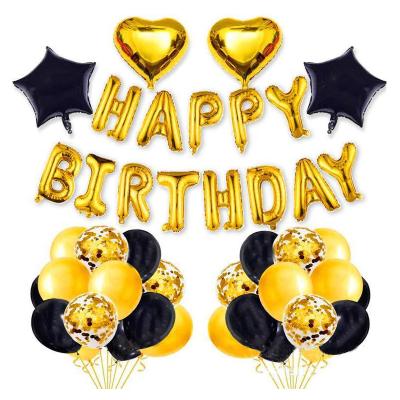 China Black Birthday Party Decoration Gold Happy Birthday Banner Foil Balloon Set With Heart Star Confetti Latex Balloon Kit Decoration Supplies for sale