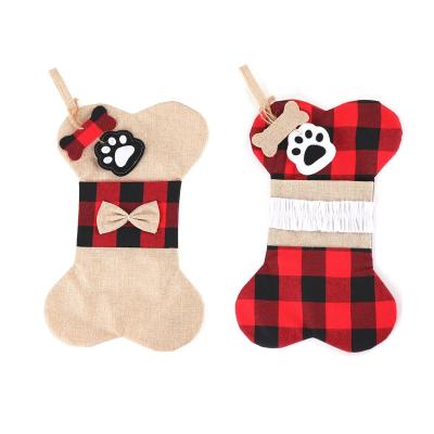 China Indoor Xmas Gift Pet Pattern Plaid Decoration Ornament Christmas Tree Decoration Bag Dog Bone Hanging Stocking for sale