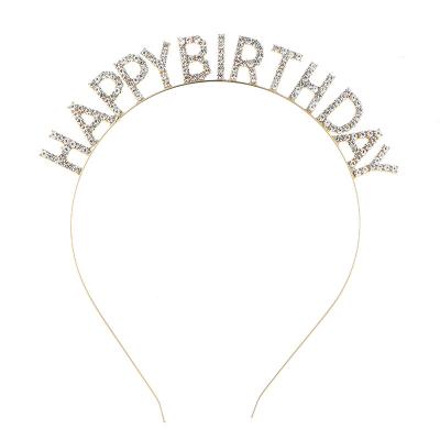 China Zinc Alloy Style 15x16cm Girl's Birthday Party Gold Color Rhinestone European American Hair Letter Happy Birthday Headband Photo Props for sale