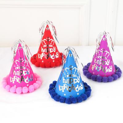 China Powder Glitter 20*16cm Kids Birthday Party Silver Happy Birthday Stars Crown Print Glitter Foil Tassel Fringe Cone Hat With Plush Balls for sale