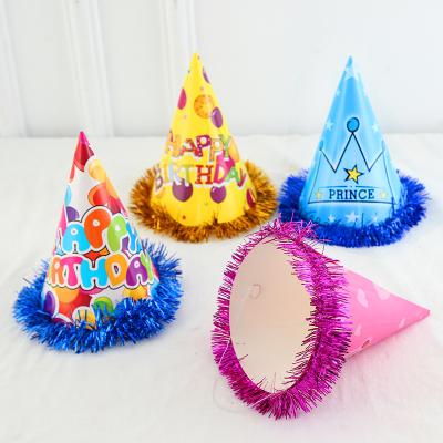 China Powder Sparkle 20*13cm Prince Princess Happy Birthday Printing Foil Tassel Fringe Plush Ball Cone Hat Baby Shower Birthday Party for sale