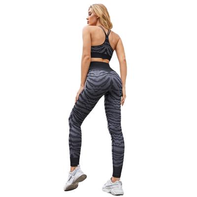 China Zebra Camouflage Antibacterial High Waisted Bra Lift Up Leggings Seamless Yoga 2 Piece Sports Set Women Clothing for sale