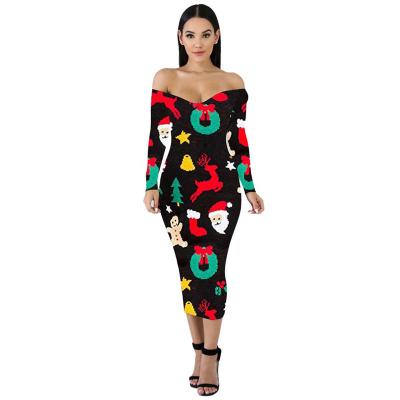 China Breathable Hot Sell Off Shoulder Printed Christmas Boutique Girls Outfits Designer Maxi Casual Women Party Women Dresses for sale