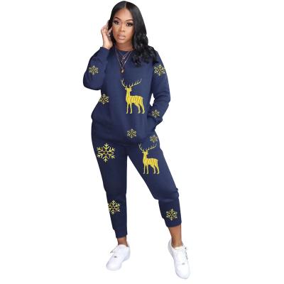 China Anti-wrinkle Newcomers Elks Christmas Printed Casual Two Piece Pants Set Ladies Sport Clothing for sale