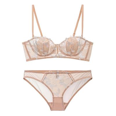 China QUICK DRY summer lace breathable sexy lingerie embroidered thin cup bras and underwear set for sale