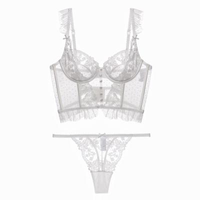 China Breathable sexy underwear short corset sets underwire cup embroidered soft bras and panties for sale