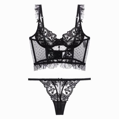 China Fashion Style Lace Style Lingerie Cup Breathable French Sexy Soft Crop Bra Corset Top Sets For Women for sale