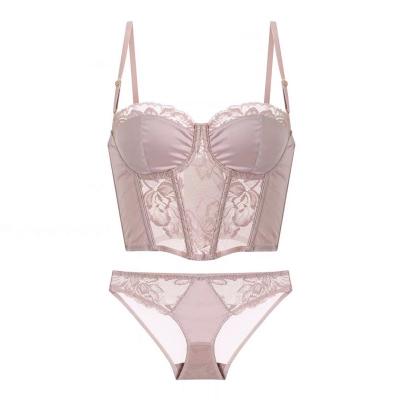 China Breathable High Quality Romantic Lingerie Lace Fashion Style Thin Cup Bra And Shaper Set Corset Body Brief Top Set For Women for sale