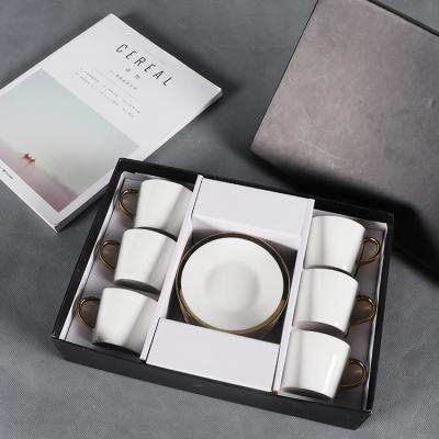 China Viable Bulk Ceramic China Coffee Tea Cup Saucers Sets With White Case Luxury Electroplated Gilding Package for sale