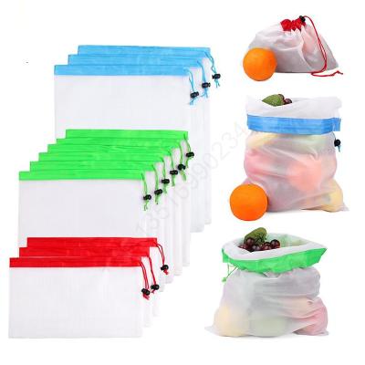 China Custom different size drawstring/rope fruit mesh bag supermarket vegetable storage drawstring bag polyester mesh bag for sale