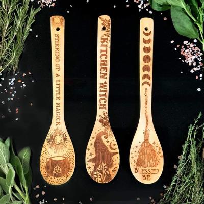 China Viable Halloween Witchy Laser Engraved Large Wooden Spoon Kitchen Witch Bamboo Spoons for sale