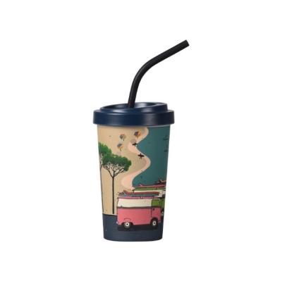 China Sustainable Fashionable Biodegradable Bamboo Lid Straw Reusable Creative Fiber Coffee Cup for sale