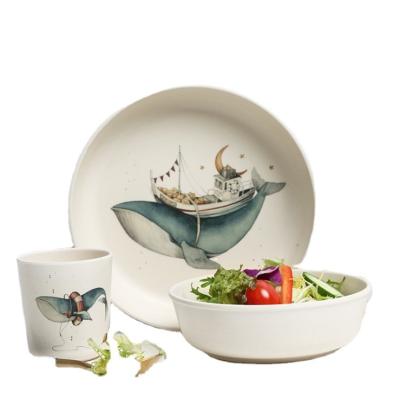 China Sustainable Printed Round Dinner Dish Rice Bowl Water Cup Set Steak Salad Bowl Bamboo Fiber Dinnerware Set for sale