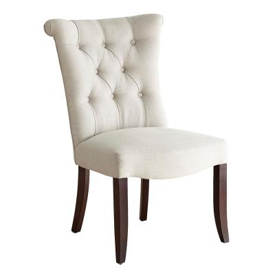 China Polyester Linen Fabric Tufted Button Tufted Back Solid Wood Legs Dining Chair for sale