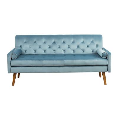 China Ornate Sofa Light Blue Velvet Fabric Square Arm Living Room Furniture Button Tufted Loveseat Packing Mail Order for sale