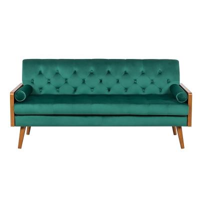 China Ornate Wood Loveseat Green Velvet Fabric Square Arm Living Room Furniture Button Tufted Sofa Packing Mail Order for sale