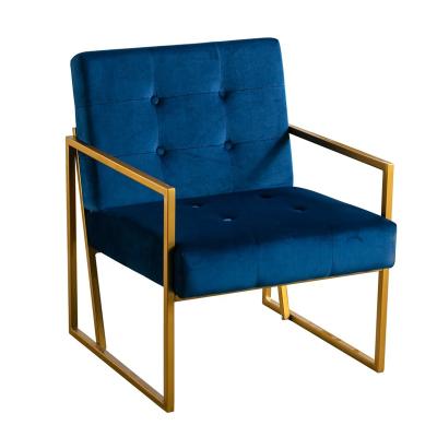 China Tufted Tufted Button Accent Chair Blue Velvet Fabric Living Room Gold Metal Frame Armchair Mail Order for sale