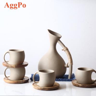 China Sustainable Clay Pottery Water Pitcher, Decorative Water Pitcher Mug Set with Bamboo Mug Tray for Juice and Iced Tea for sale