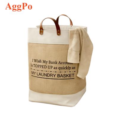 China Large Capacity Modern Cotton Laundry Canvas Trash Can, Bedroom Clothes Basket, Folding Laundry Baskets With Leather Handle for sale