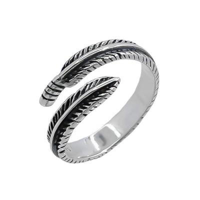 China FASHIONABLE vintage S925 sterling silver feather ring burst patterns live mouth tide men and women adjustable finger ring for sale