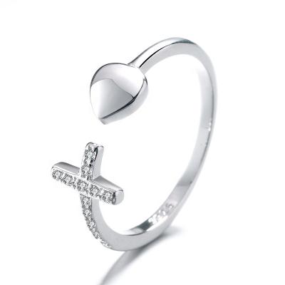 China TRENDY S925 Heart Silver Polished Cross With Diamonds Opening Fashion Trendy Simple Ring for sale