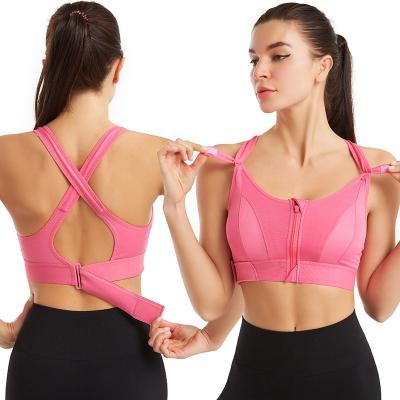 China Breathable Professional Cross Back Gym Push Up Adjustable Straps Front Zipper Yoga Sports Bra For Women for sale