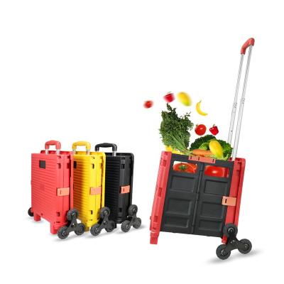 China Plastic Collapsible Portable Market Cart Collapsible Folding Trolley Shopping Cart With Lid Serving Grocery for sale