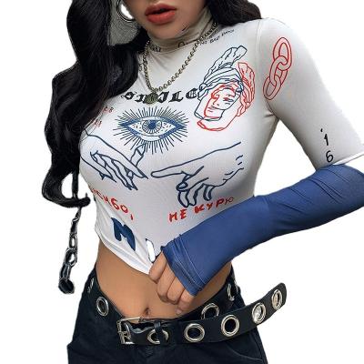 China QUICK DRY Women Full Print Fashion Half Collar Top Crop Top T-shirt Women Crop Long Sleeve Top for sale