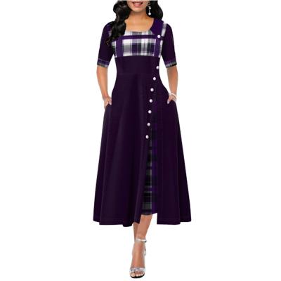 China New Ladies Washable Plaid Print Dress Spring Medium Sleeve Patchwork Irregular Skirt/Summer Round Collar for sale