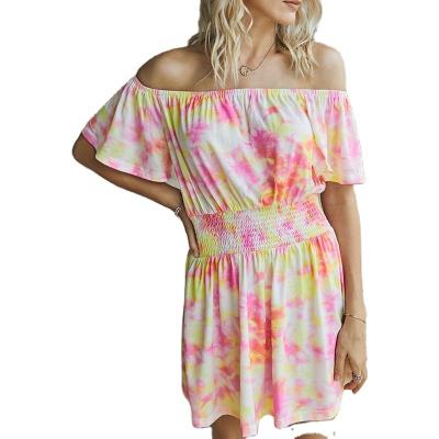 China Anti-wrinkle summer hot selling waist reduction off the shoulder dress women's fashion tie dyed dress for sale