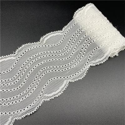 China Dyeable 60mm Elastic Nylon Spandex Scalloped Lace Up Trimmings For Lingerie And Underwear for sale