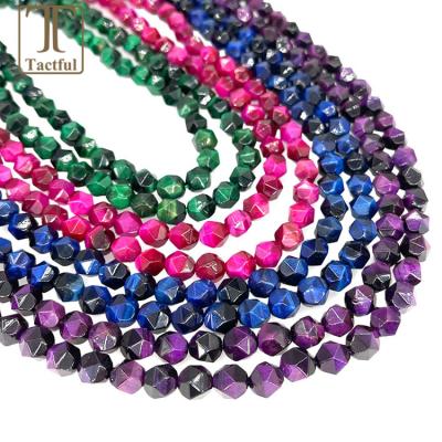 China Wholesale Trendy 6/8/10MM Blue Tiger Eye Diamond Faceted Star Green Fuchsia Yellow Gold Polygon Cut Stone Beads for sale