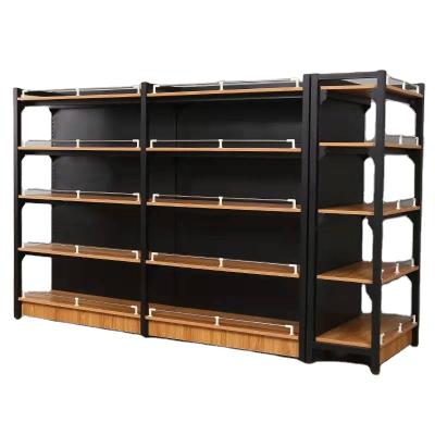 China 2022 Single Sided Hot Sale Supermarket Store Gondola Shelves Retail Store Display Stand Metal and Wooden Miniso Display Rack for sale