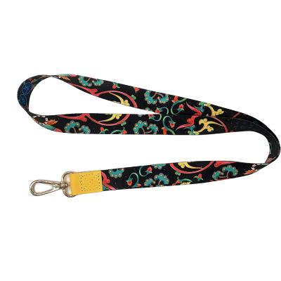 China Polyester Fashion Key Chain PU Trim Leather Lanyard Custom Flower Design Lanyards With Metal Ring for sale