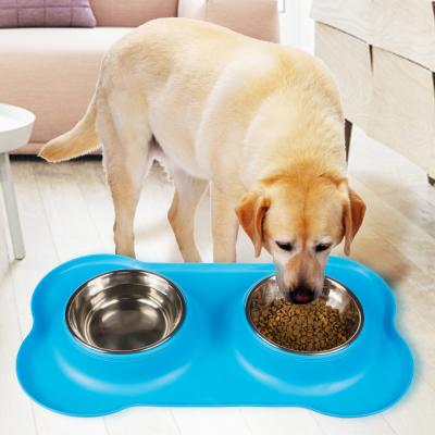 China Sustainable Wholesale Silicone Pet Stainless Steel Dog Bowl Double High Feeder for sale